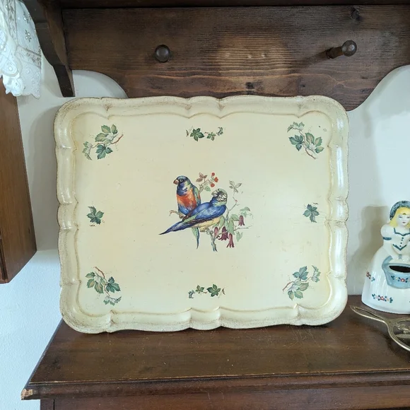 Vintage Italian Florentine Serving Tray Cream Decorative with Bird Design